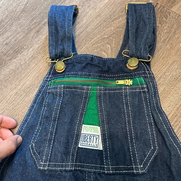 Liberty Bib Overalls Youth 16 Regular Blue Denim Adjustable Straps Green Trim - Picture 3 of 15